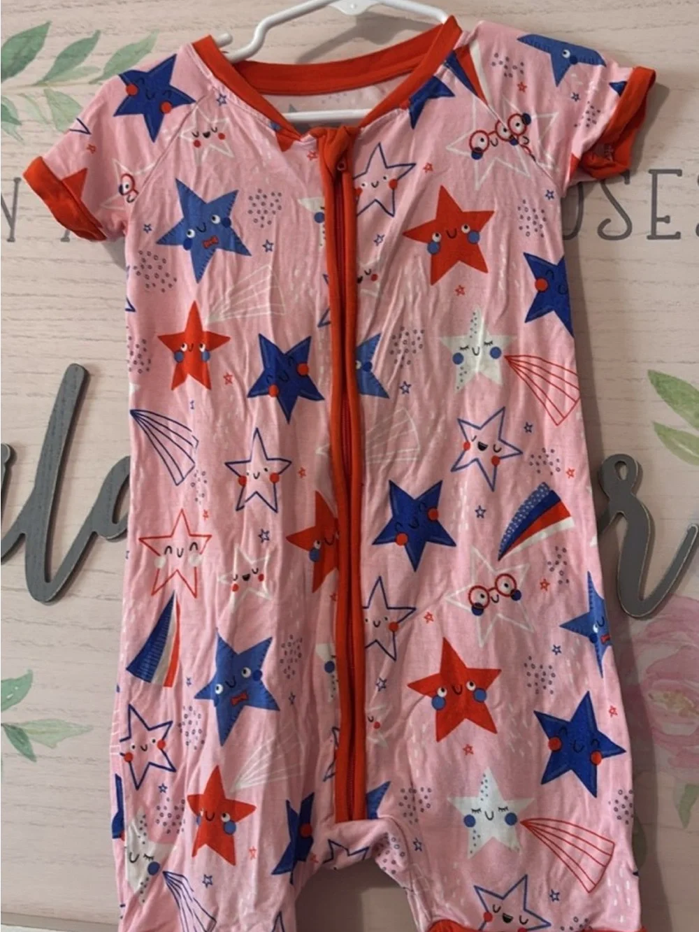 Little Sleepies Pink Star Print Short Sleeve Pajama Romper with Red Trim